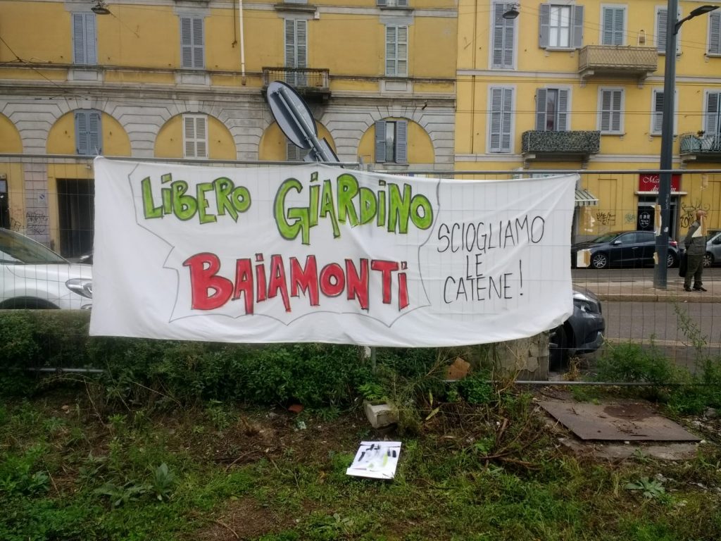 Striscione del Libero Giardino Baiamonti, promosso dal comitato Baiamonti Verde Comune assieme al Lato B